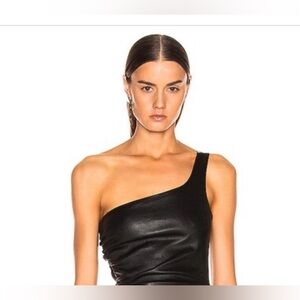 NWT SPRWMN Black Lamb Leather one shoulder tube top size Large